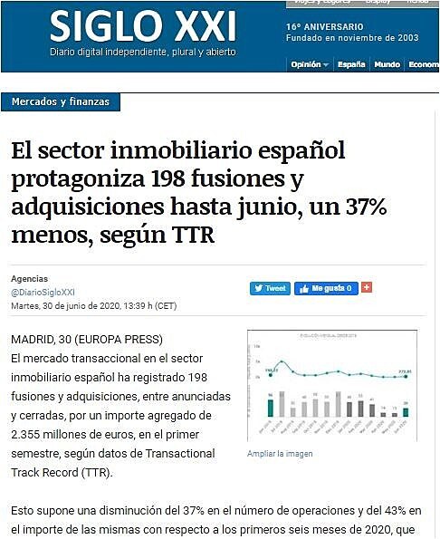 El sector inmobiliario espaol protagoniza 198 fusiones y adquisiciones hasta junio, un 37% menos, segn TTR